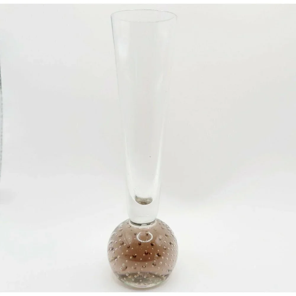 Vintage Amethyst Bubble Base Blown Glass Vase Narrow Mid Century Modern Smooth